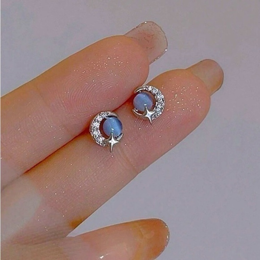 Blue Apatite Cat’s Eye Moon & Star Earrings